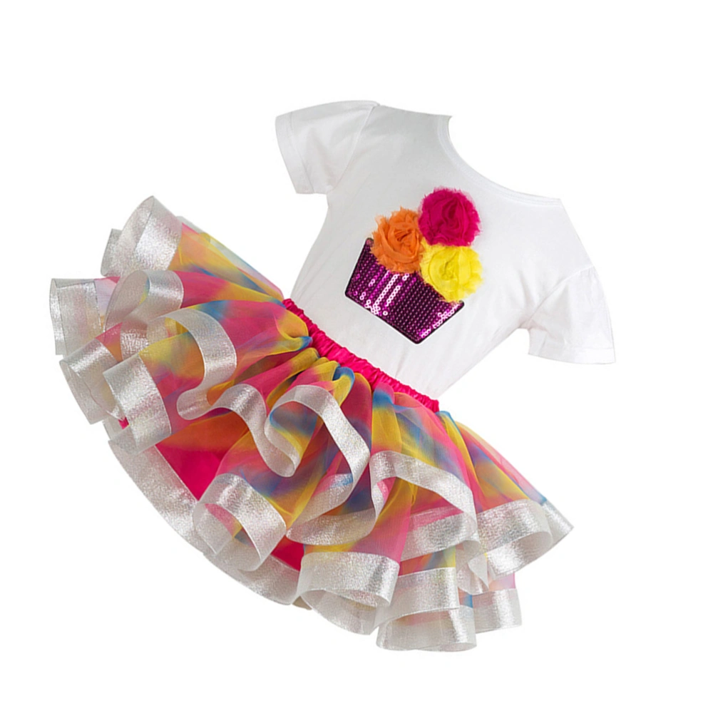 Girls Short-sleeved T-shirt Rainbow Tutu Skirt Girls Costume Performance Gauze Skirt (Size XL)