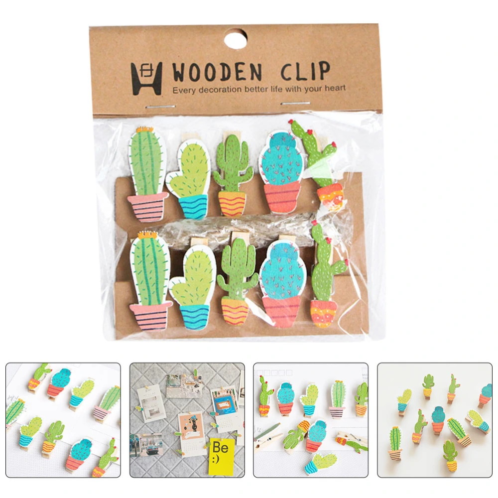 10pcs Cactus Wooden Photo Clips Photo Display Clamps Picture Clip with 1pc Rope