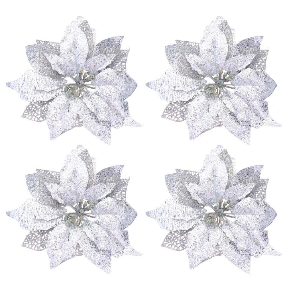 4pcs Fake Vivid Flower Decoration DIY Christmas Ornament Simulation Flower Adornment for Party Christmas (Silver)