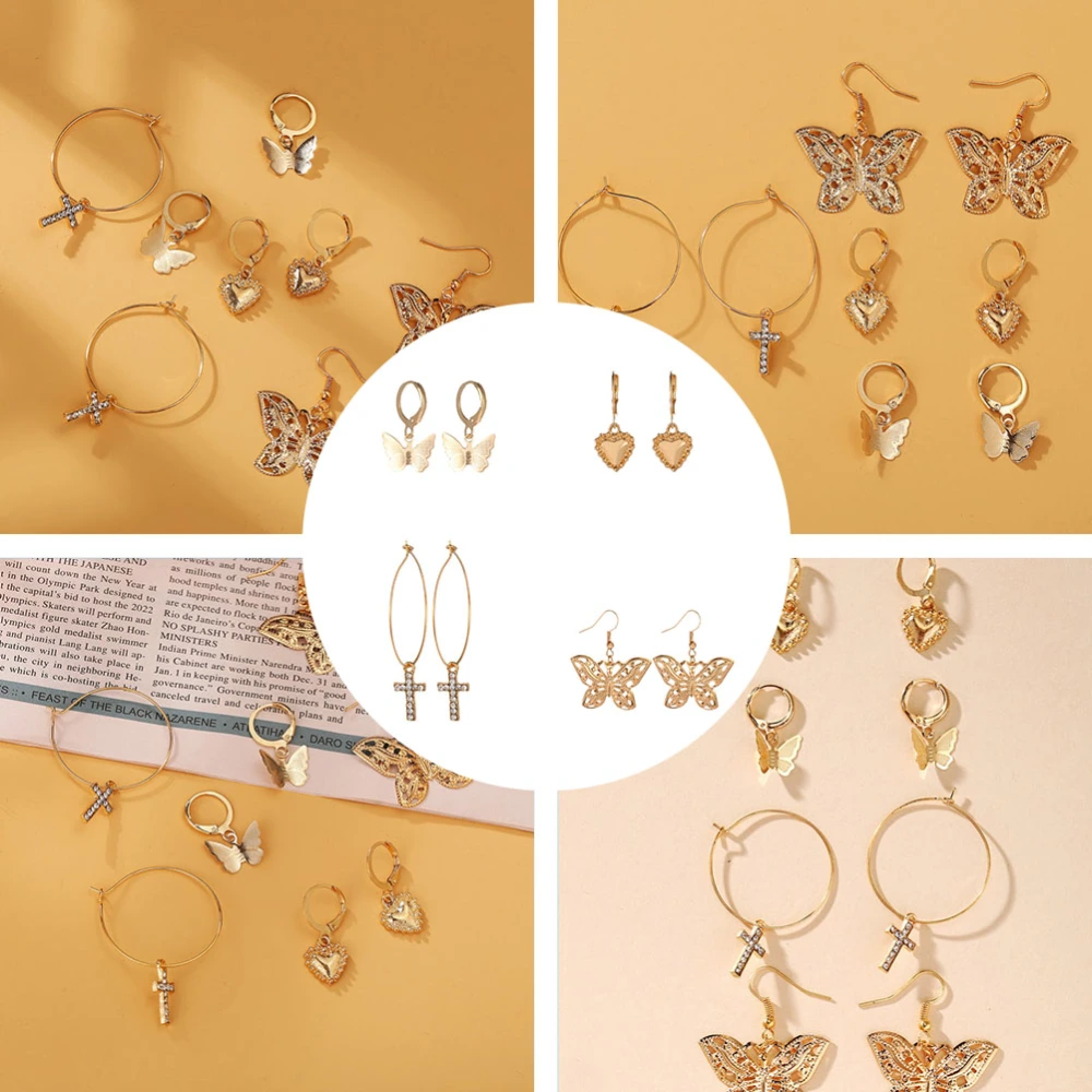 4Pairs Love Shaped Earrings Retro Style Design Ear Danglers (Golden)