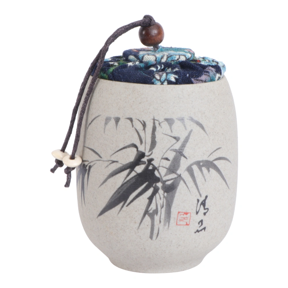 Chinese Style Coarse Pottery Hand Painting Tea Jar Storage Container Quaint Cloth Lid Sealed Canister Coffee Sugar Can Gift for Restaurant Home - Bamboo