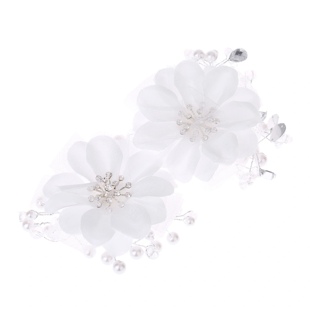 Two Cloth Flower Hair Clips Hairpins Crystal Beads Decor Headwear Bridal Hair Accessories for Wedding Woman (White)