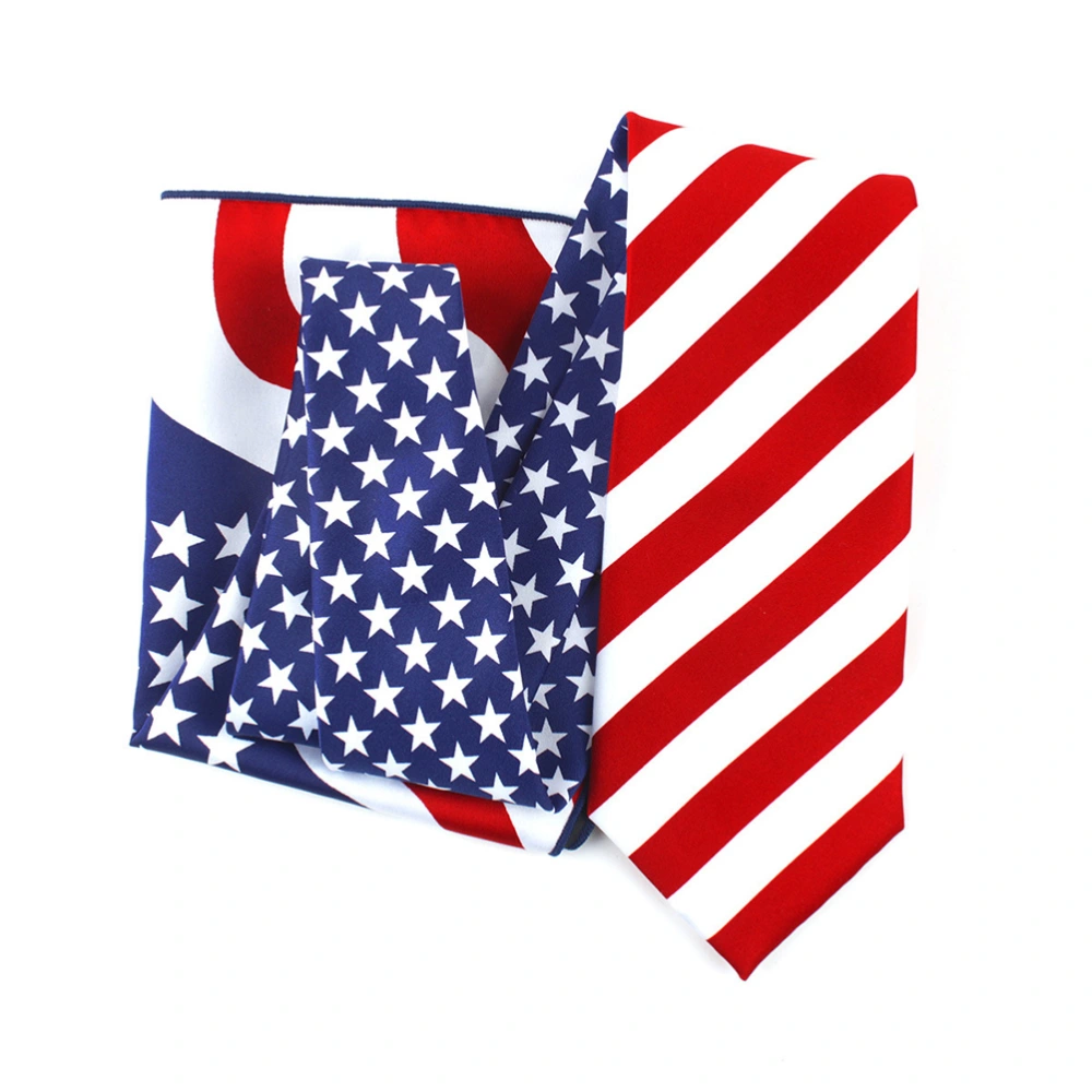 2pcs in 1 Set Star and Stripe Necktie and Pocket Towel American Independance Day Ties Kerchief Fashion Printing Tie Photo Props for National Day