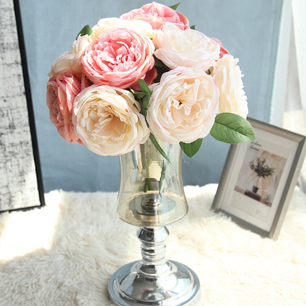 1pc Lifelike Round Rose Bouquet Natural Artificial Rose Bouquet Romantic Home Decorations Simulation Rose Flower Bouquet for Wedding Hotel Office Champagne Pink