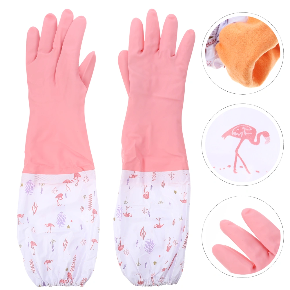 2 Pair Kitchen Gloves Waterproof Thicken Inner Warm Plush Dishwashing Gloves Anti-skid Rubber Long Protective Hands Cover for Home Gardening Shop (Size S, Random Color)