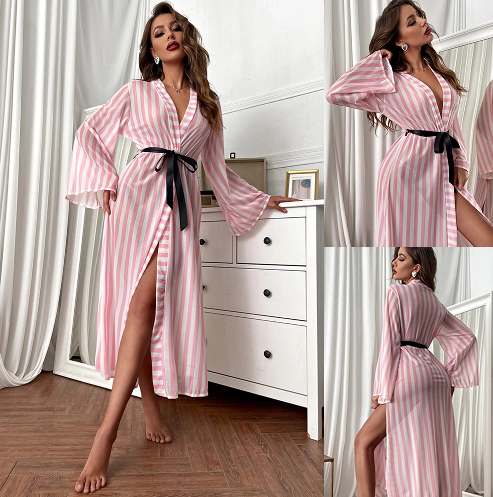Women's Fashion Striped Print Homewear Robe