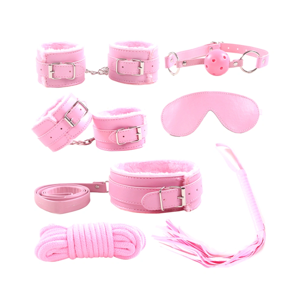 7pcs Leather Plush Sex Bondage Set Handcuffs Whip Eyemask Sex Restraining Toy (Pink)