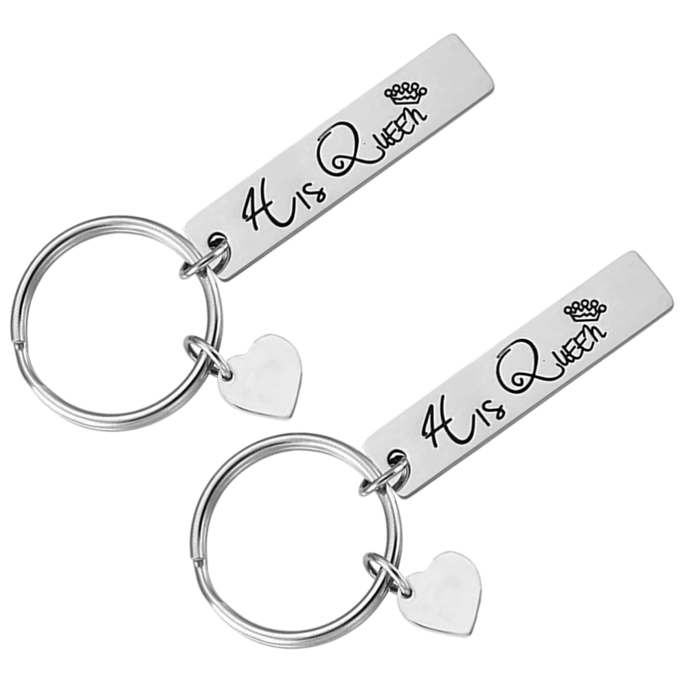 2PCS her king his queen Unisex Keychains Stainless Steel Love Heart Shape Pendant Keychain for Women Men (Silver)