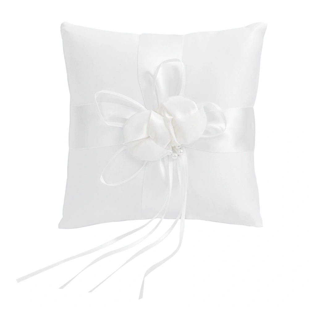 WINOMO 20x20cm Lovely Flower Buds & Faux Pearls Decor Bridal Wedding Ceramony Pocket Ring Pillow Cushion Bearer with Ribbons (White)