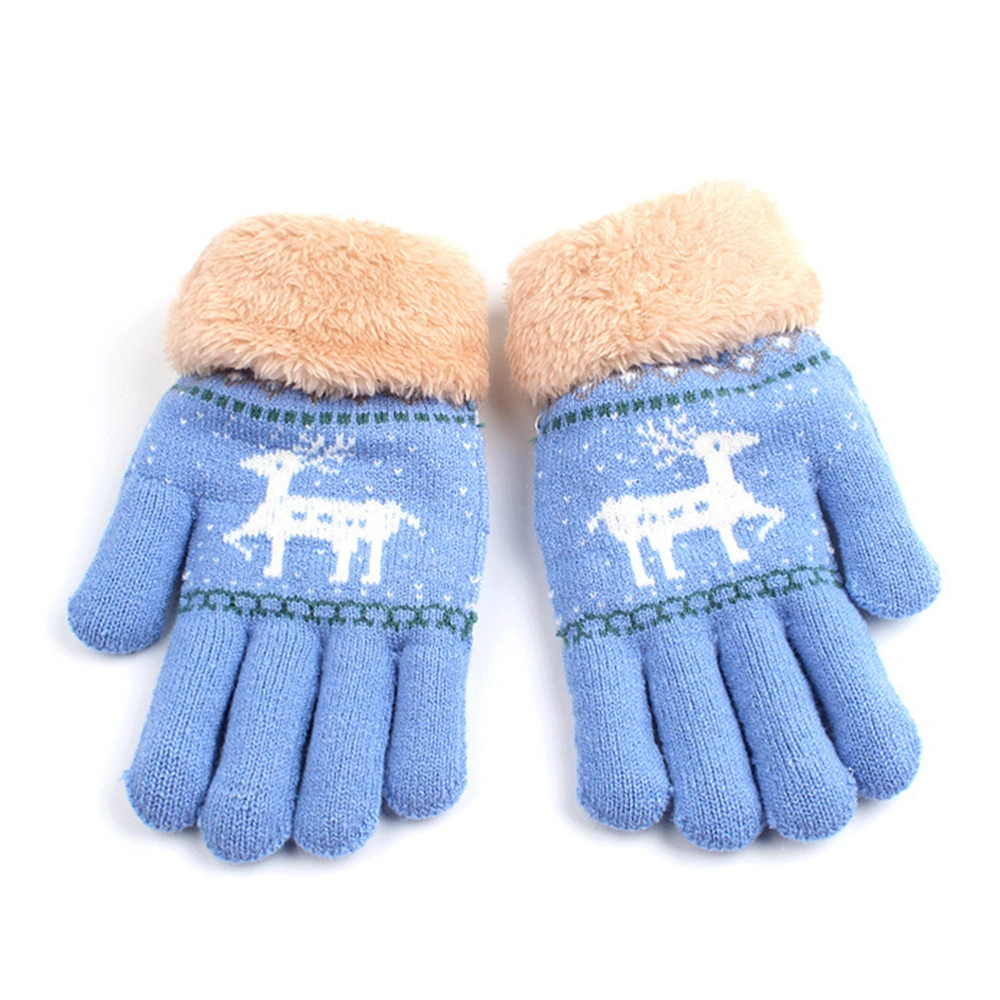 2 Pairs of Kids Knitted Gloves Christmas Deer Pattern Full Finger Gloves Solid Color Gloves Blue