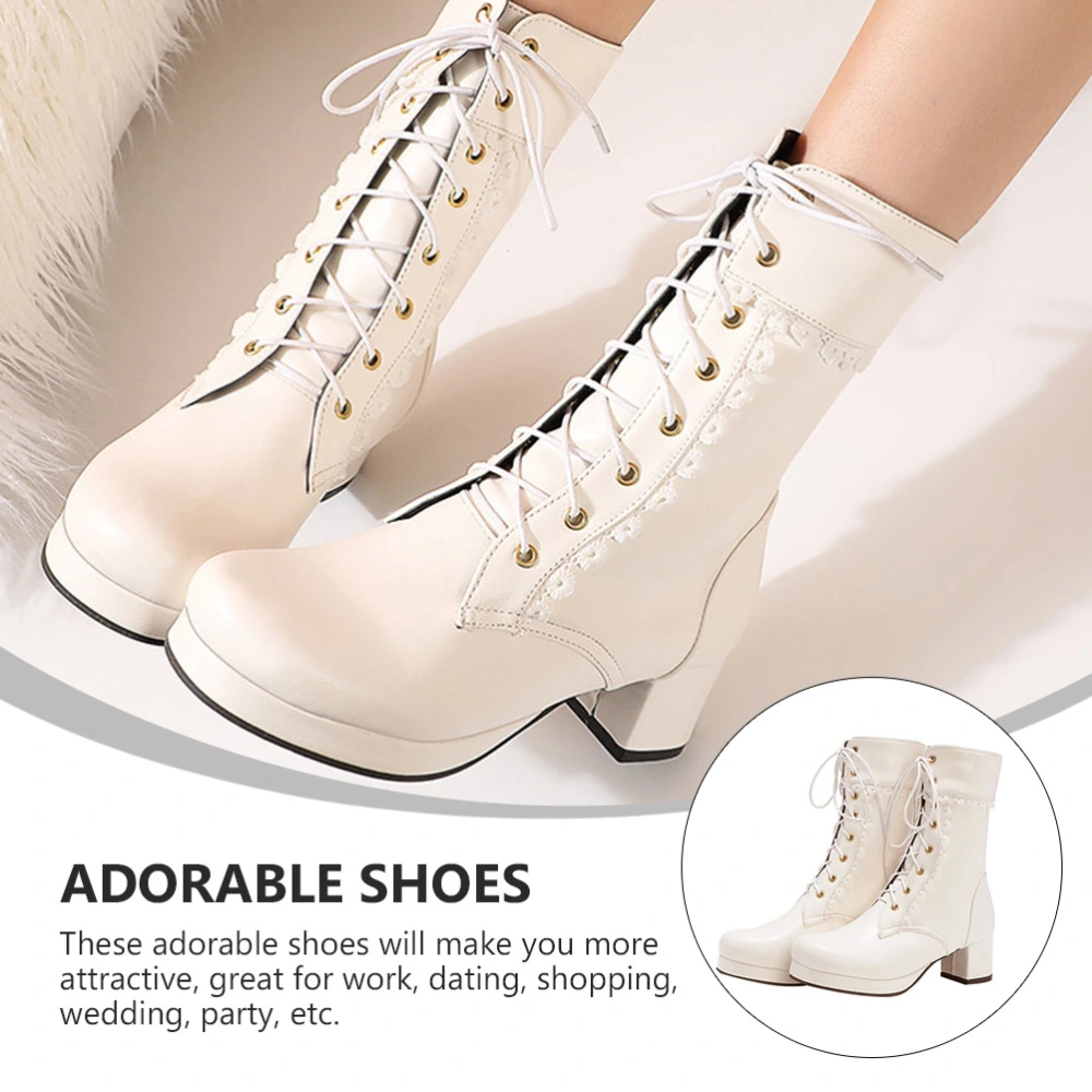 1 Pair of Lolita Shoes Adorable Heel Boots Sweet Style Leather Ankle Boots