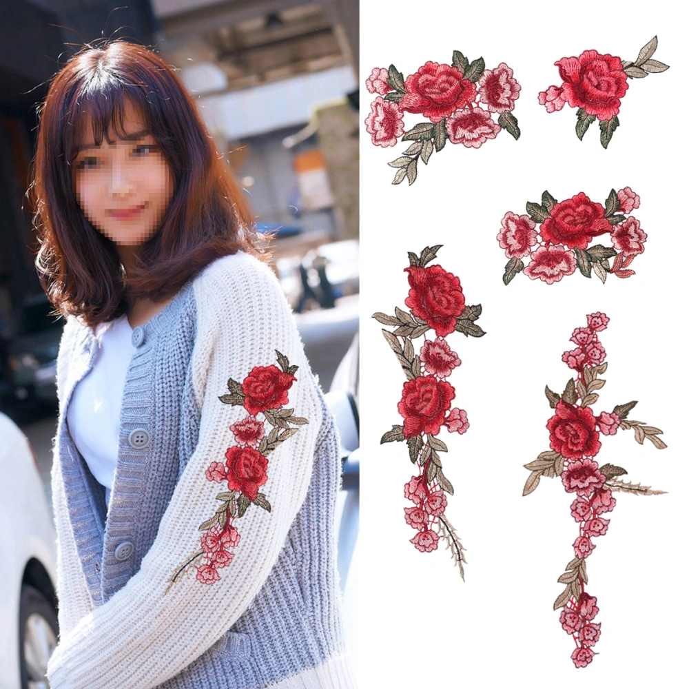 5Pcs Sewing on Patches Exquisite Water Soluble Embroidery Flowers DIY Patches Appliques for Jackets Jeans Backpacks (Red)