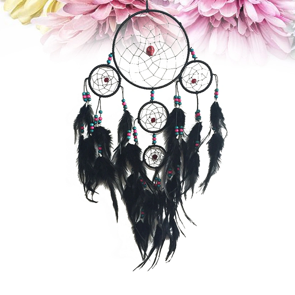 Five Rings Dream Catcher Handmade Feathers Indian Dreamcatcher Wall Hanging Home Car Decor Craft (Black)