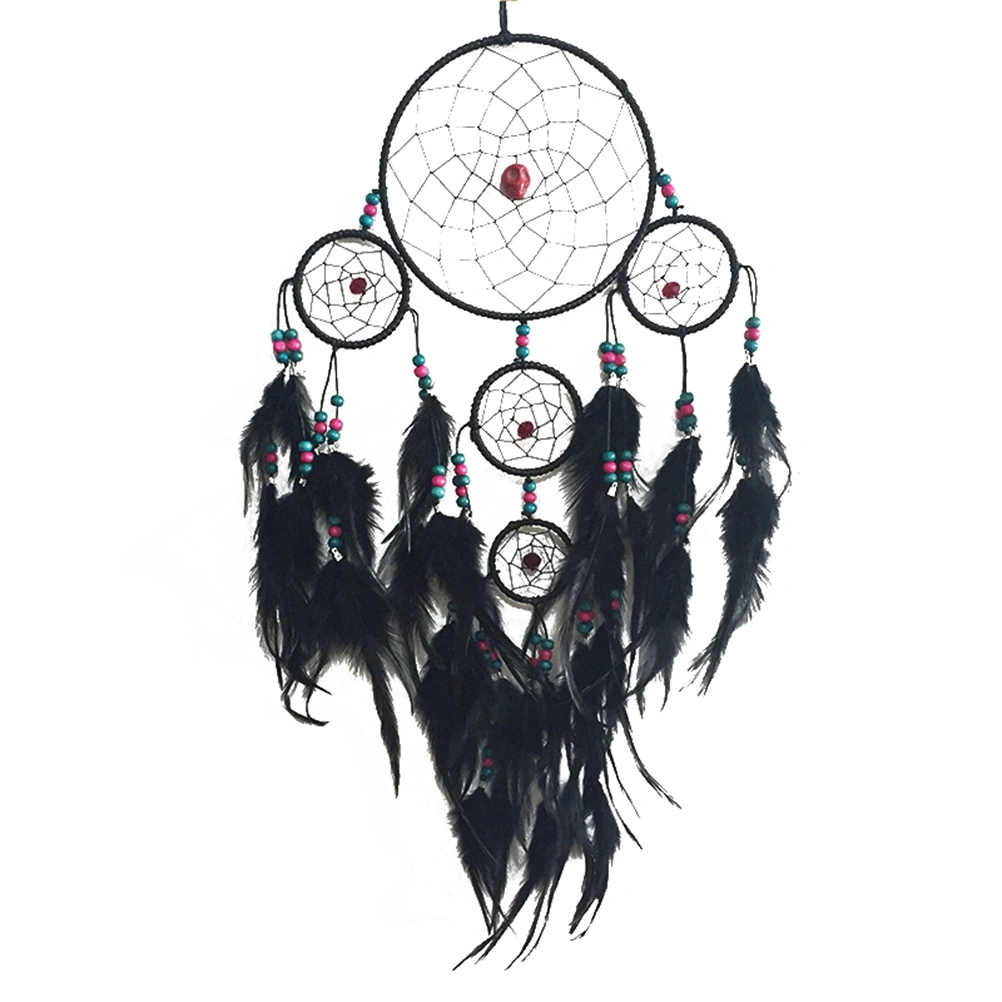 Five Rings Dream Catcher Handmade Feathers Indian Dreamcatcher Wall Hanging Home Car Decor Craft (Black)