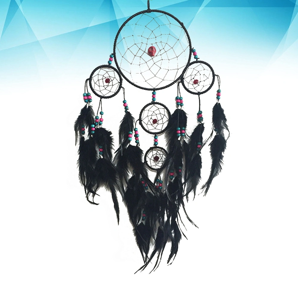 Five Rings Dream Catcher Handmade Feathers Indian Dreamcatcher Wall Hanging Home Car Decor Craft (Black)