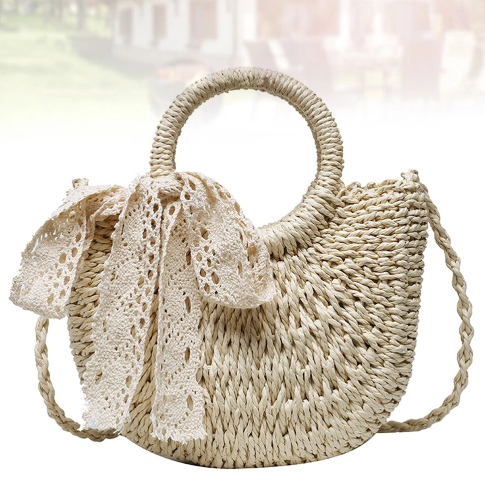 Summer Straw Handbag Fashion Woven Shoulder Bag with Lace Ribbon Cross Body for Girls Women (Creamy White)