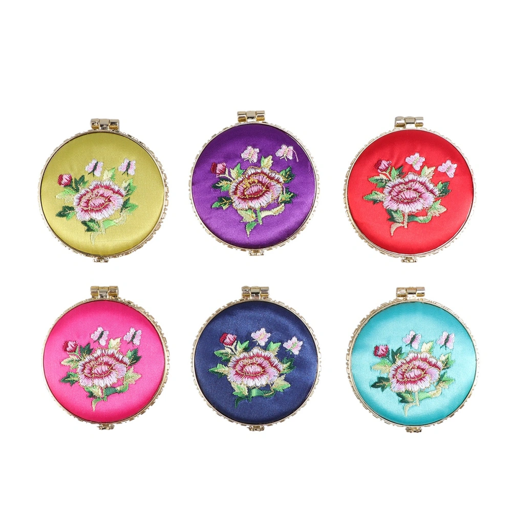 6 Pcs Floral Printed Double Sides Mirror Creative Retro Brocade Mirror for Girls Women Ladies (Round, Random Style)