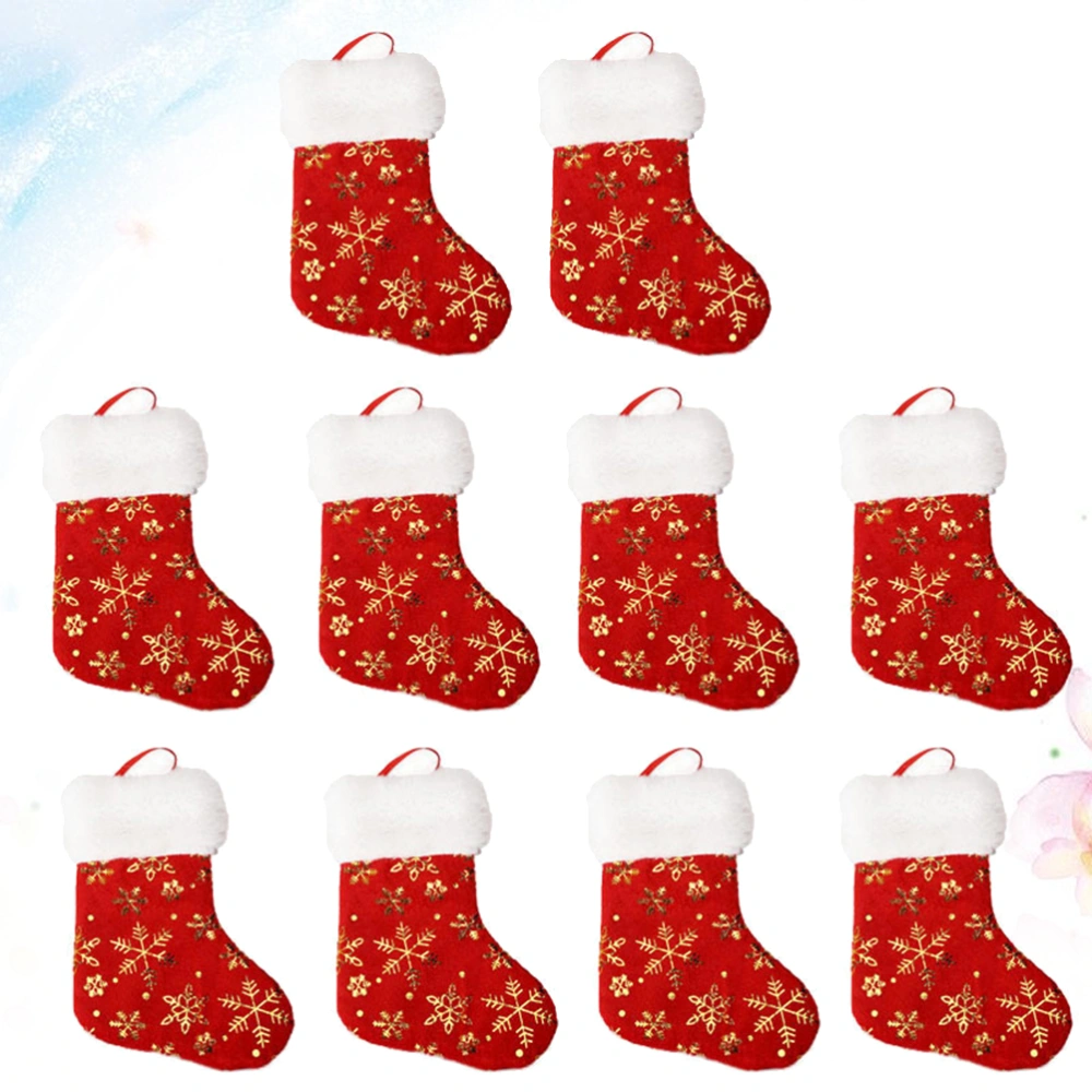 10pcs Christmas Plush Stockings Gift Bag Golden Snowflake Printing Socks Pendant Decoration Creative Pouch Christmas Tree Hanging Ornamnet