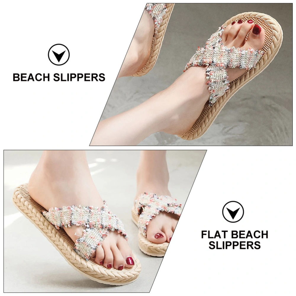 1 Pair of Imitation Straw Woven Slippers Fashion Women Beach Shoes (Beige)