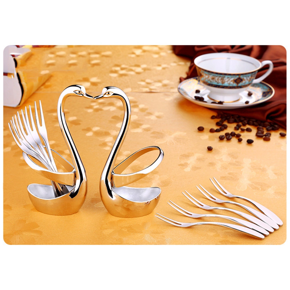 Swan Base Dinnerware Set Swan Forks and Spoons Holder for Fruit Dessert Flatware (Platinum + 5pcs Fruit Fork)