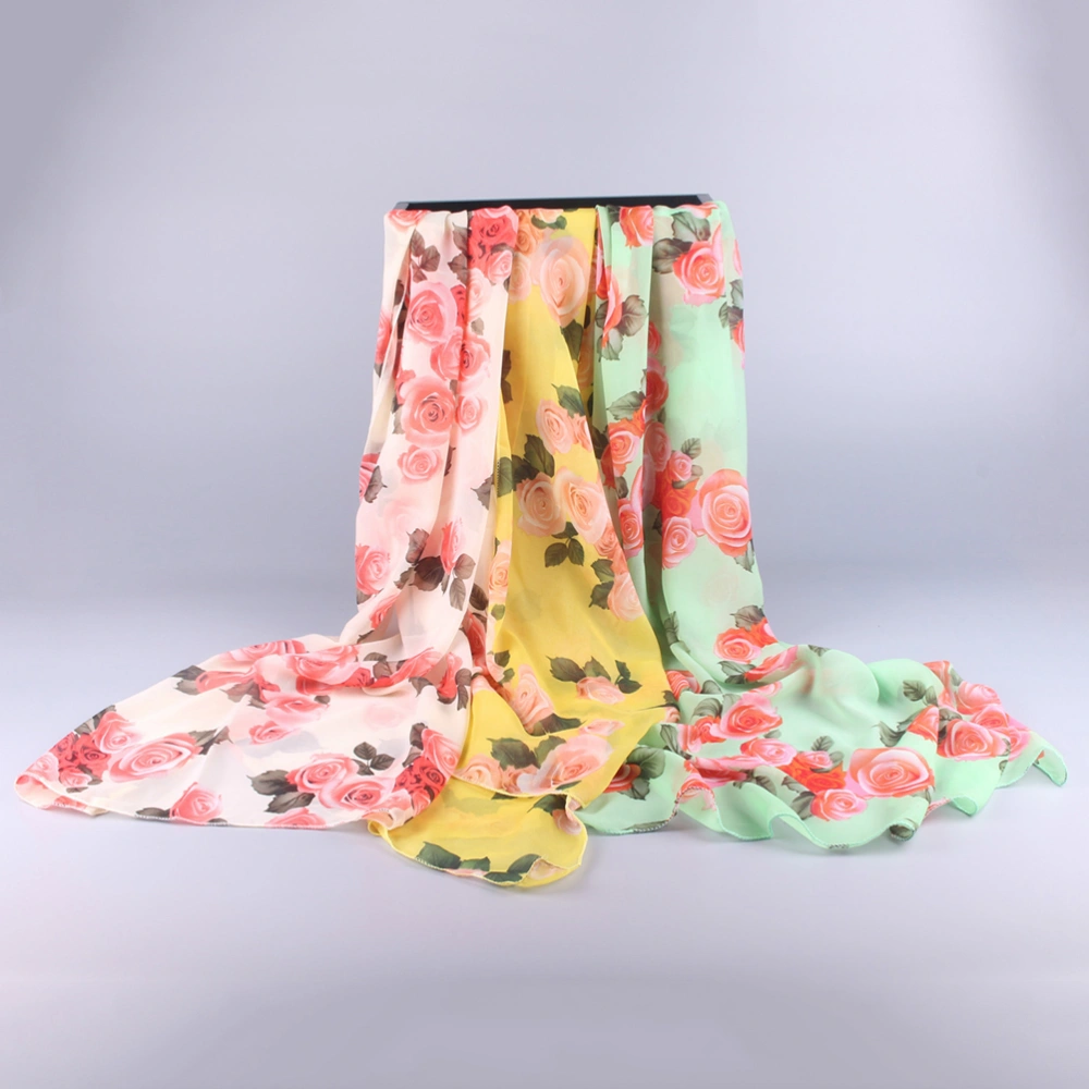 Unique Women's Floral Scarves Chiffon Flowers Rose Flower Printed Scarf (Beige)