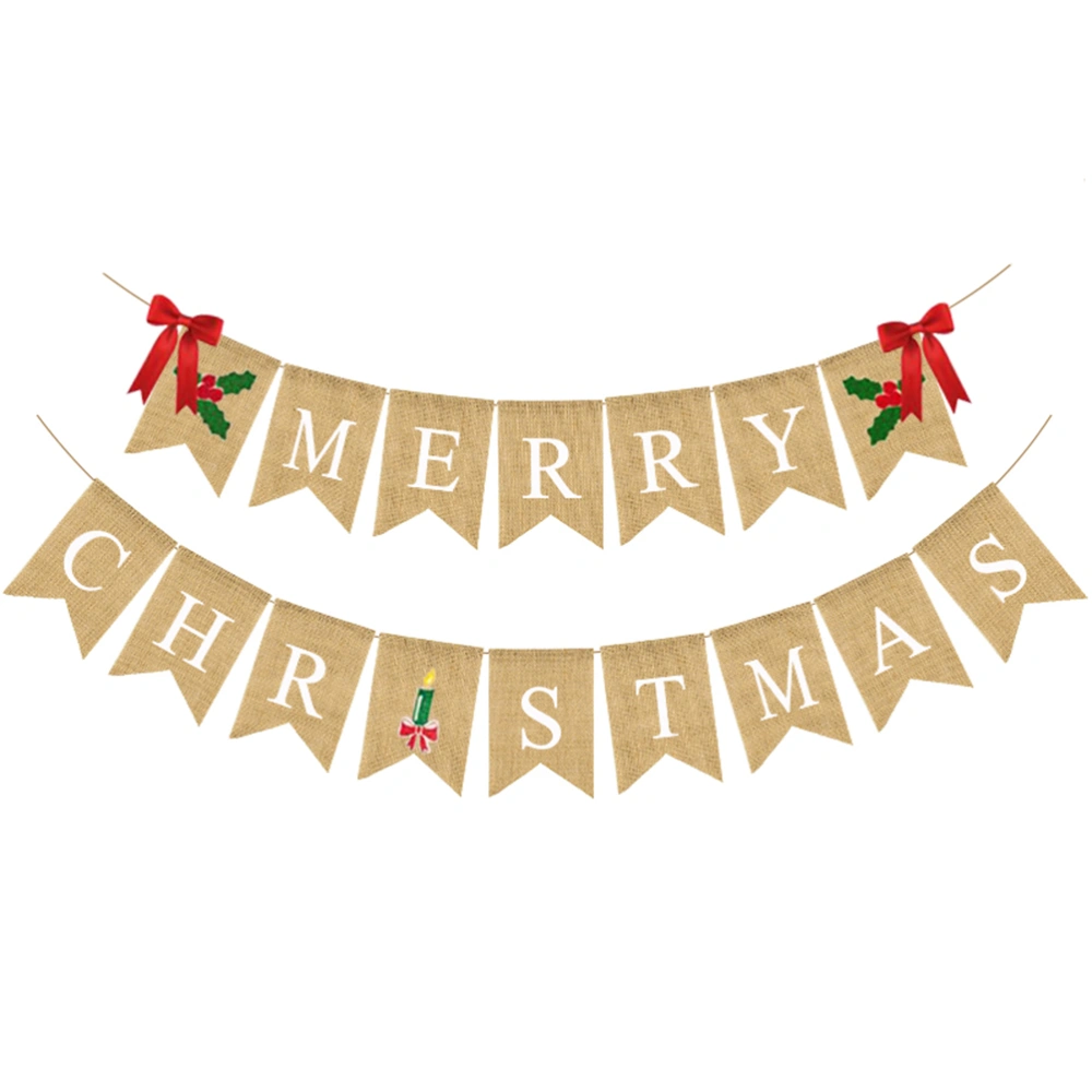 Retro Christmas Swallowtail Burlap Banners Letter Printing Garland Bunting Flag Linen Dovetail Shape Party Decoration Background Layout Props Christmas Supplies with Red Bowknot