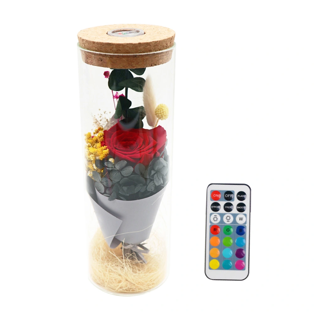 Light-up Preserved Flower Wishing Bottle Creative Night Light Romantic LED Lamp Gift (Red Rose, Remote Control)