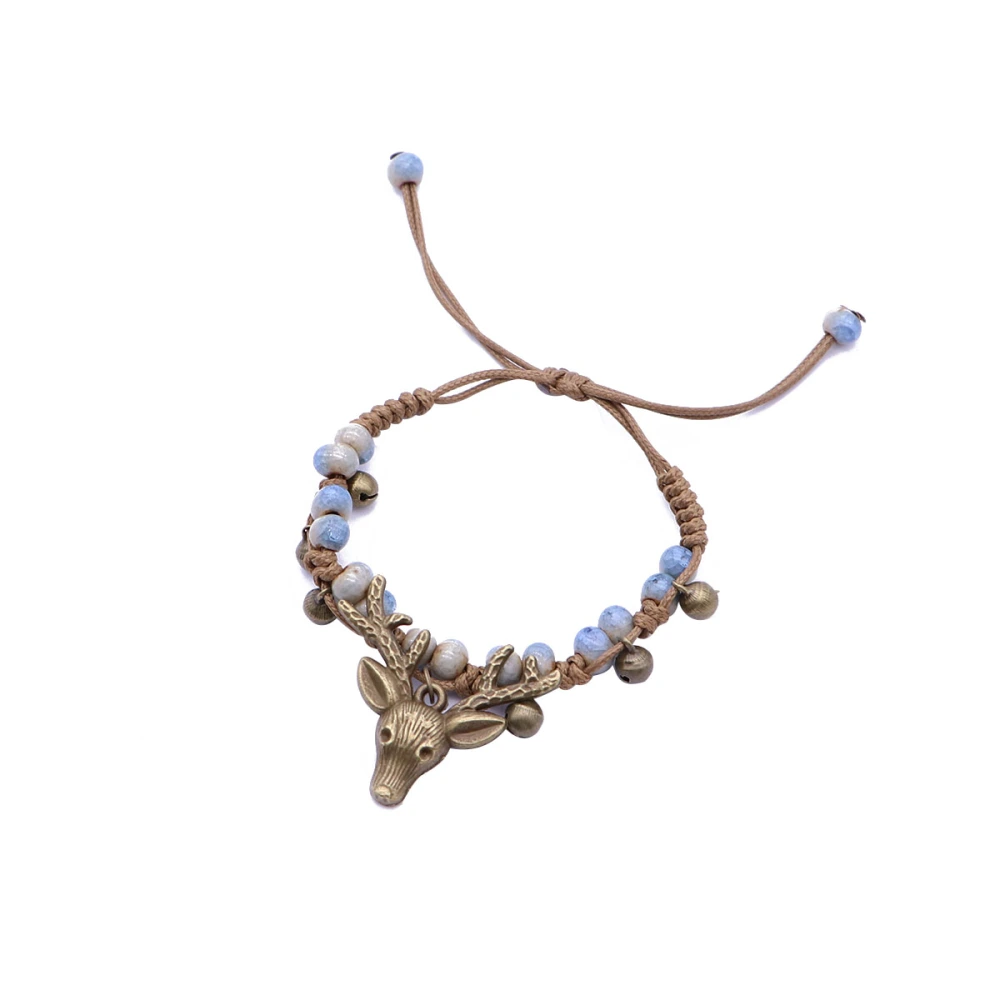 Handmade Weaving Ethnic Vintage Leather Rope Bracelets Women Deer Head Bracelets Ceramics Jewelry (Blue)