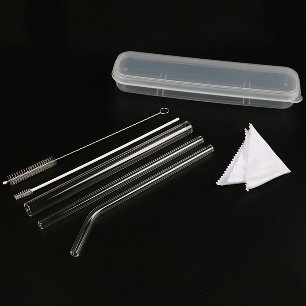 5pcs Glass Straws Set Curved Straight Straw Reusable Heat Resistant Drinking Straws with Cleaning Brushes  
