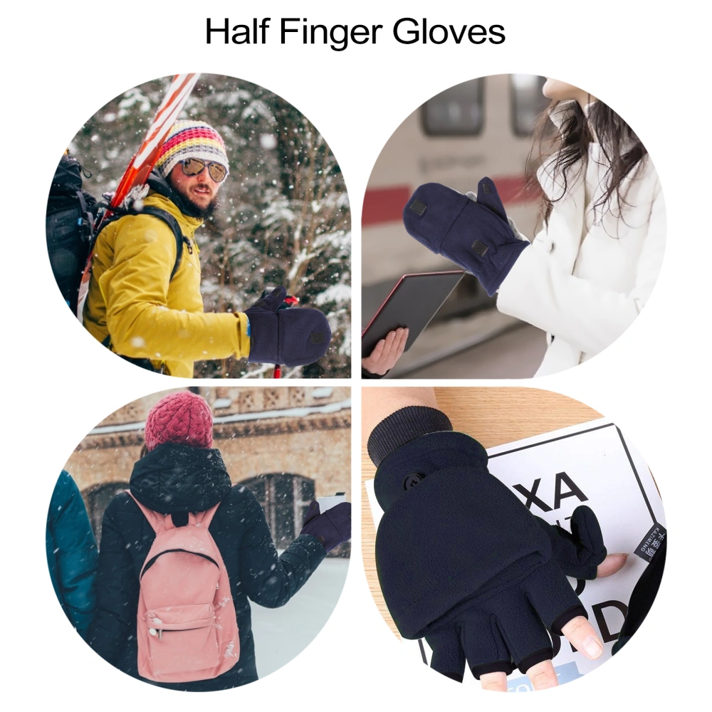 1 Pair Double-Layer Fleece Half Finger Gloves Flap Cover Mittens for Adults Men