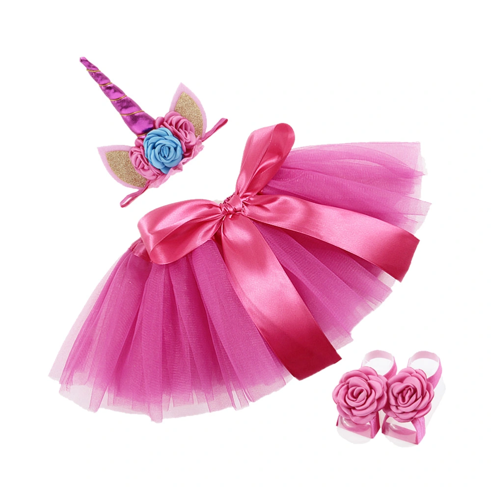 Girls Tutu Skirt Dress with Mythical Horn Flower Headband Outfits Set (Rose Red)