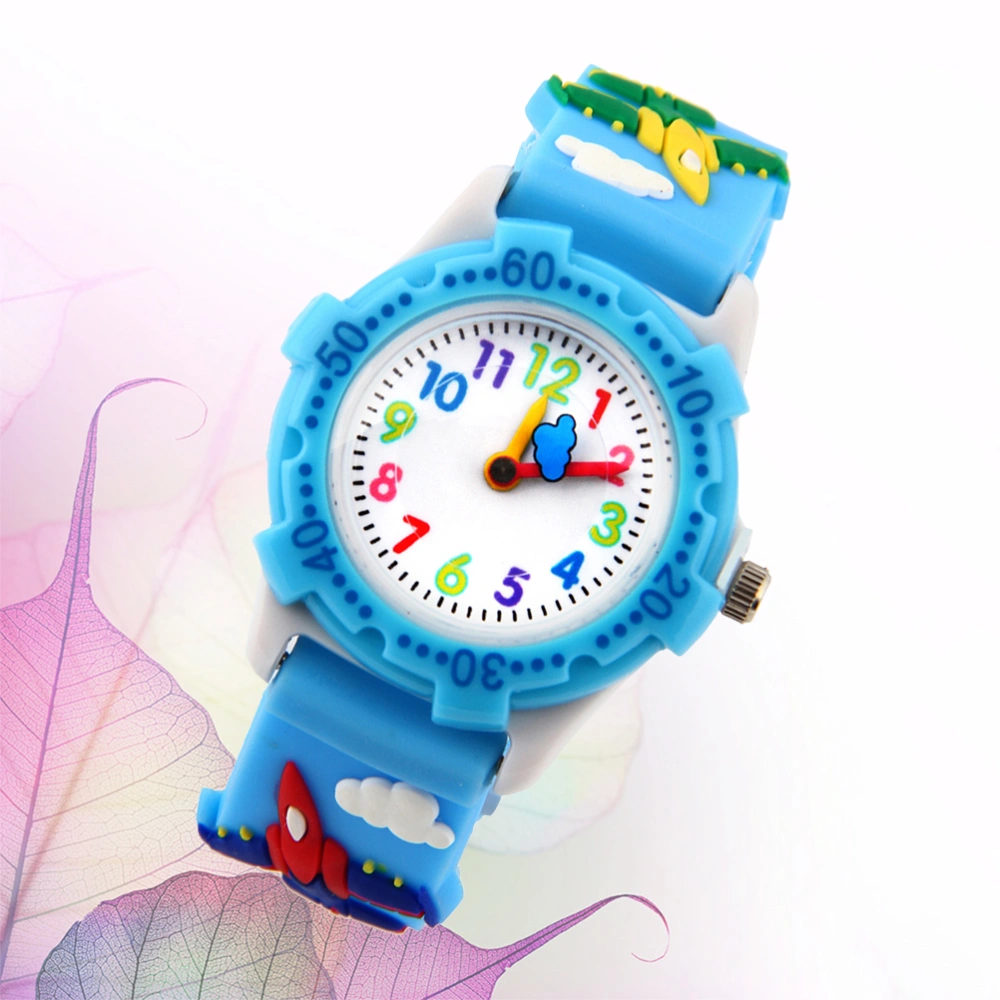 1Pc 3D Cartoon Plane Watch Delicate Adorable Wristwatch Kids Waterproof Watch Creative Children Gift (Sky-blue)