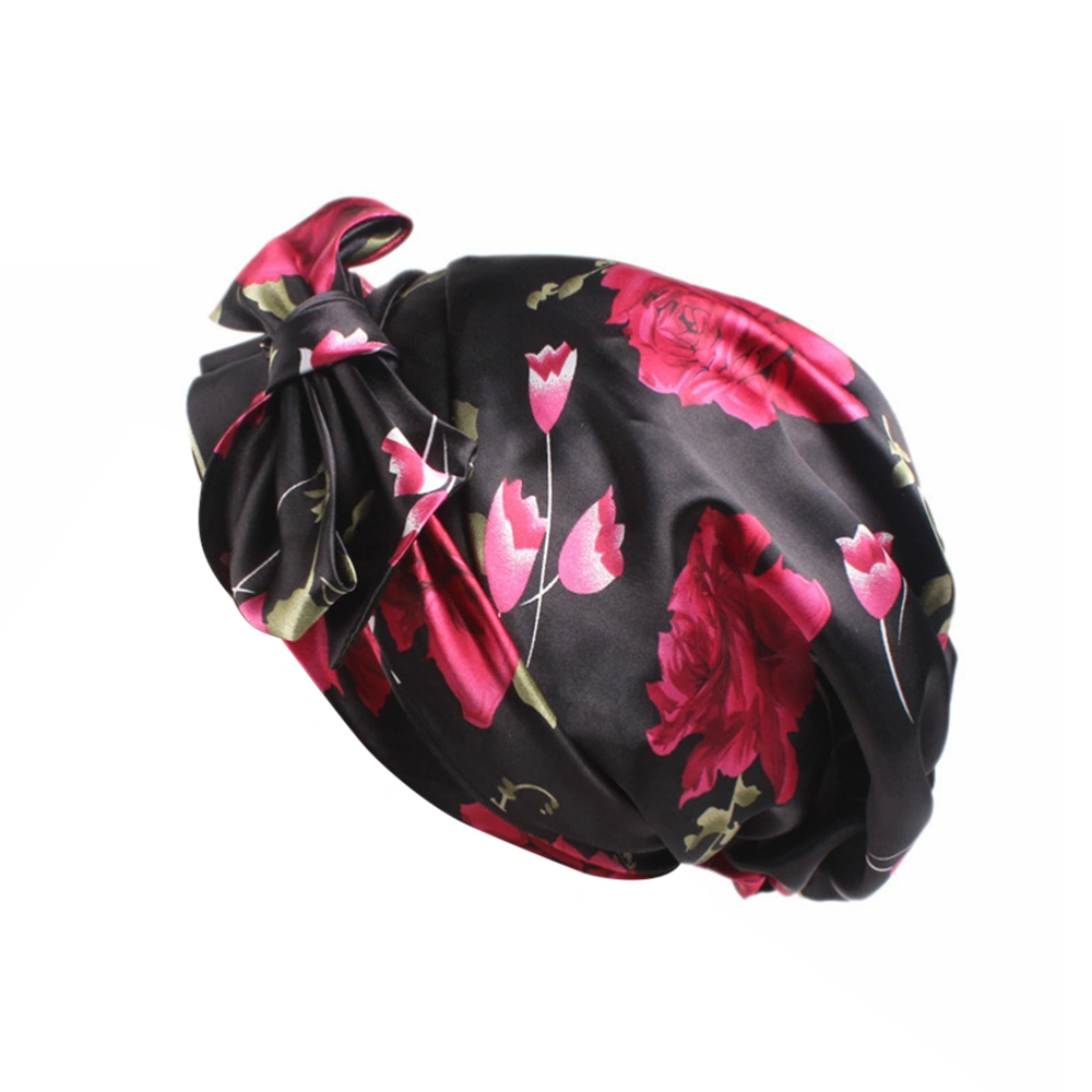 Women Satin Bowknot Tail Turban Chemo Hat Headscarf Hair Loss Scarf (Black Flower)