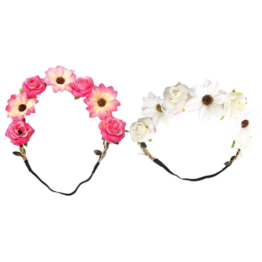 2pcs Wedding Hairband Artificial Rose Hair Rope Fashion Kids Performance Hairband Photo Prop (White, Rosy)