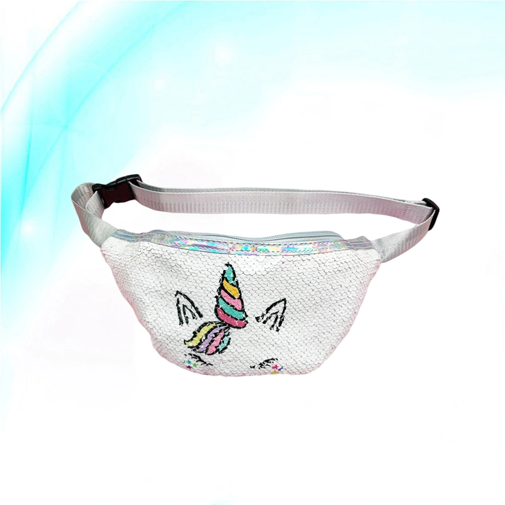 Unicorn Sequin Women Waist Bag Sports Pack Cartoon Sequined Pocket Female Belt Bag Chest Phone Pouch for Fitness Training(White)