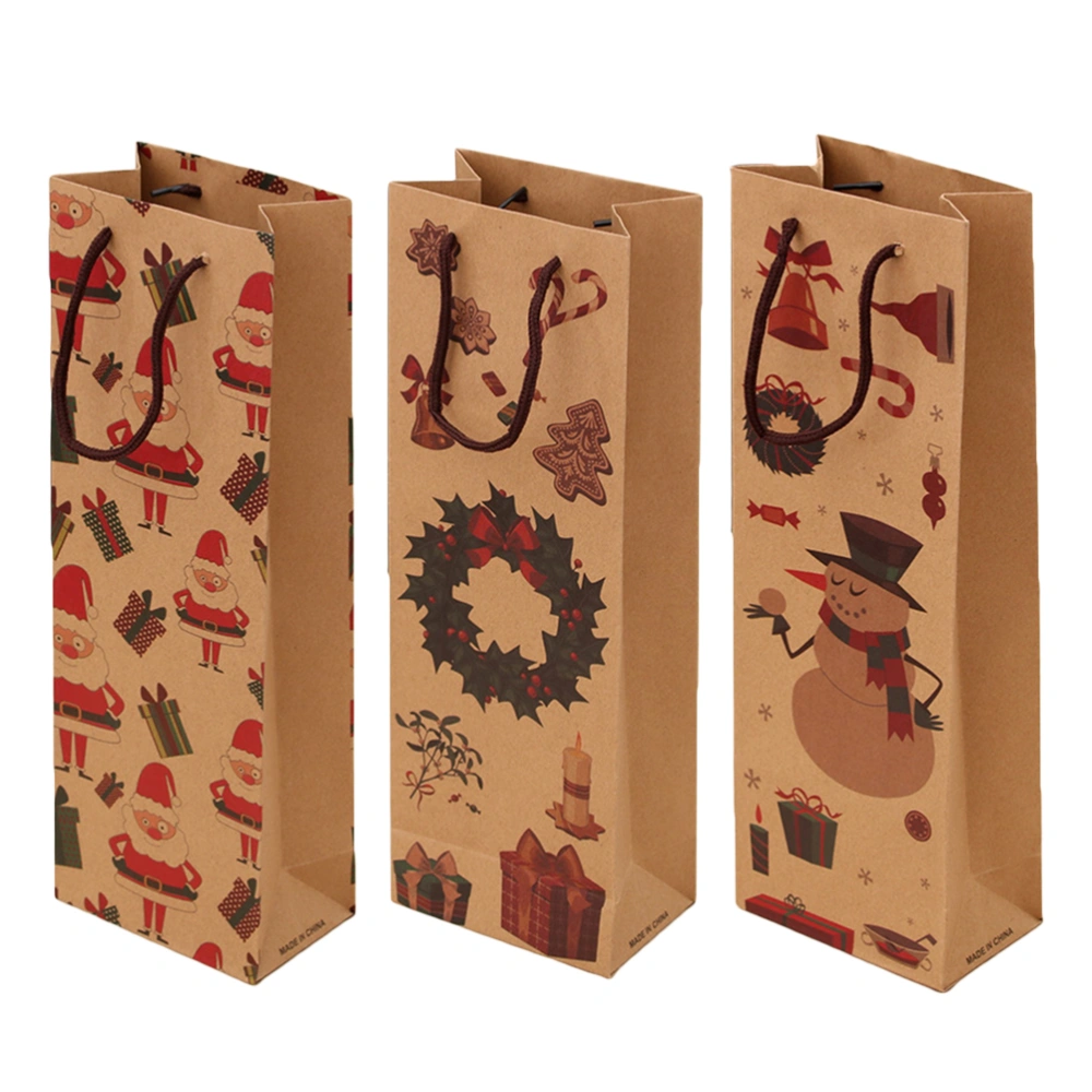 3 Pcs Christmas Wine Gift Bags Single Wine Bottle Totes Delicate Kraft Paper Process Handy Organizer Cardboard Paper Pouches (Random Pattern)