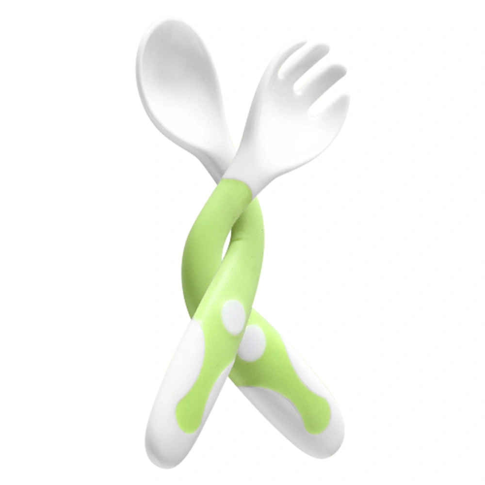 2 Pcs Children's Fork and Spoon Set Bending Cutlery Baby Practice Anti-hot Feeding Tableware (Bending 1 Pcs Fork and 1 Pcs Spoon, Green)