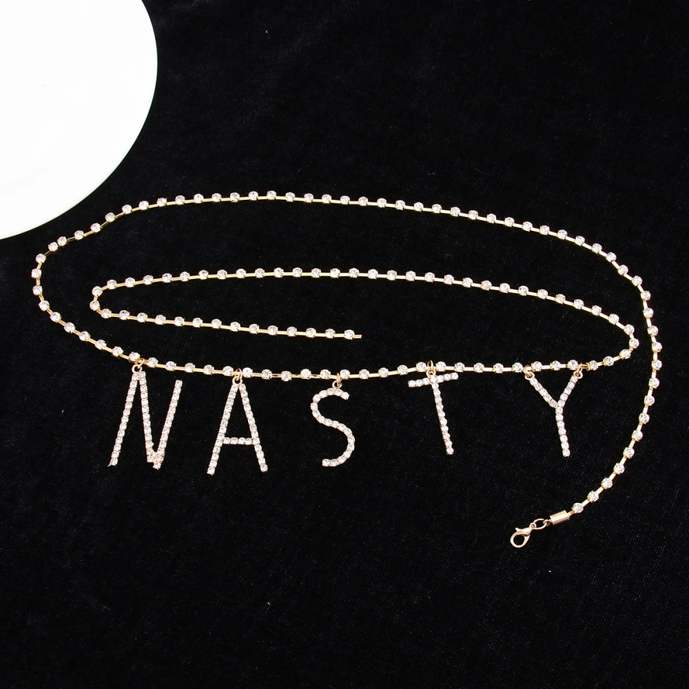 Fashion English Letters Body Chain Rhinestone Waist Chain Long Trendy Belt Sexy Metal Chain (NASTY, Golden)