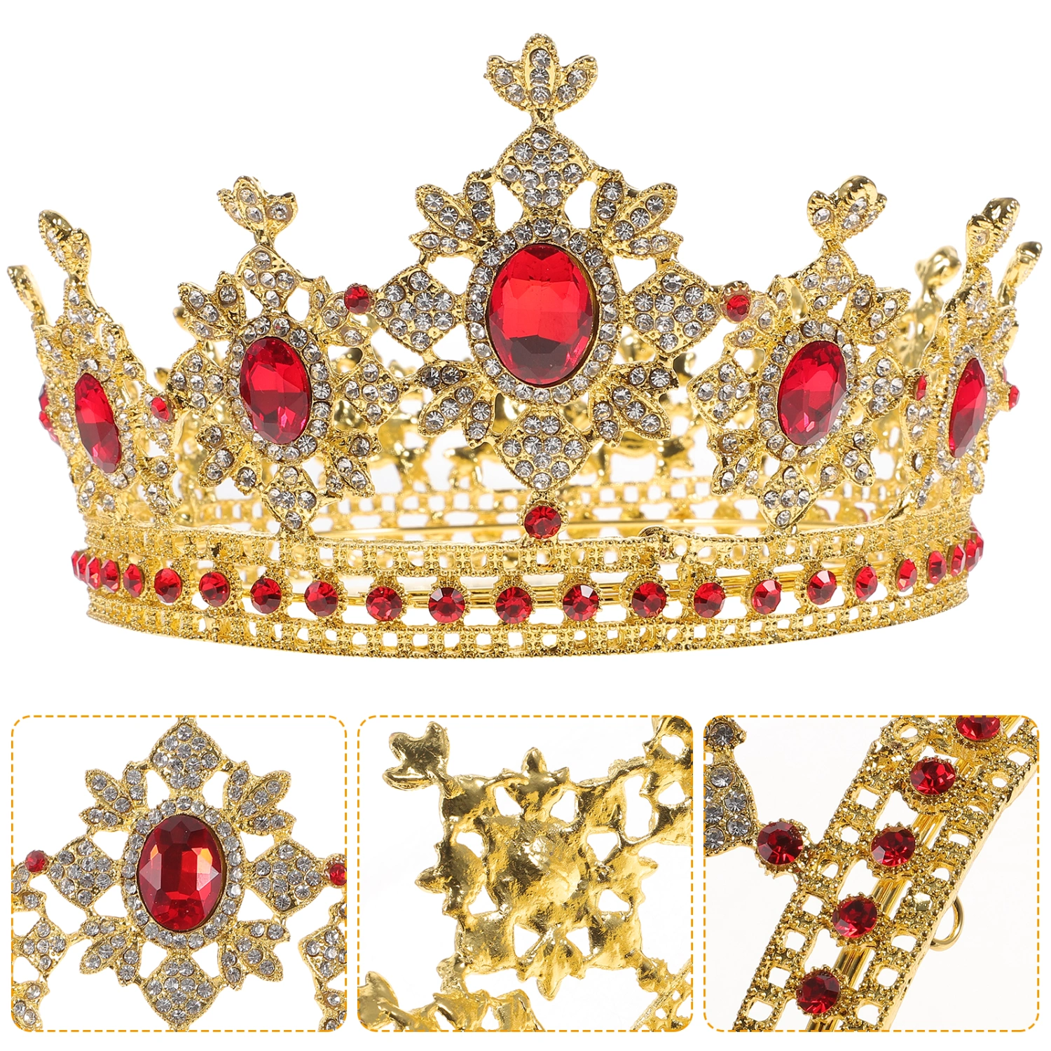 1PC Wedding Celebration Crown European American Wedding Headdress Round Shape Bride Crown Alloy Rhinestone Inlaid Crown for Women (Gold Red)