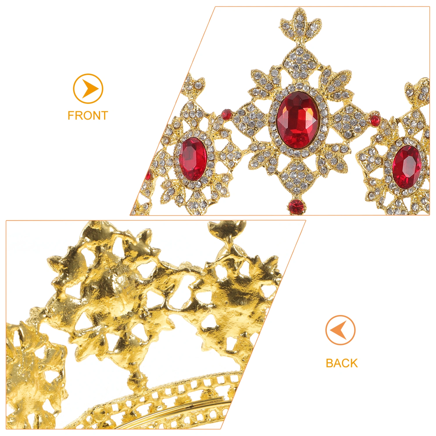 1PC Wedding Celebration Crown European American Wedding Headdress Round Shape Bride Crown Alloy Rhinestone Inlaid Crown for Women (Gold Red)