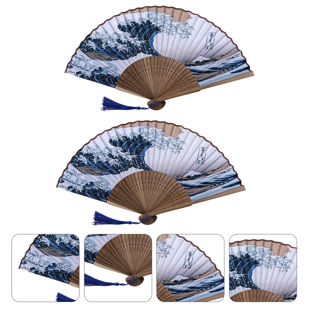 2Pcs Folding Handheld Bamboo Fan Kanagawa Sea Waves Pattern Fan Kid Gift (Blue)