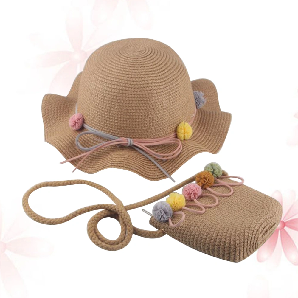 Sun Protection Kids Hat Girls Fashion Wave Straw Kids Cool Summer Beach Baby Storage Bag (Hat and Bag, Khaki)