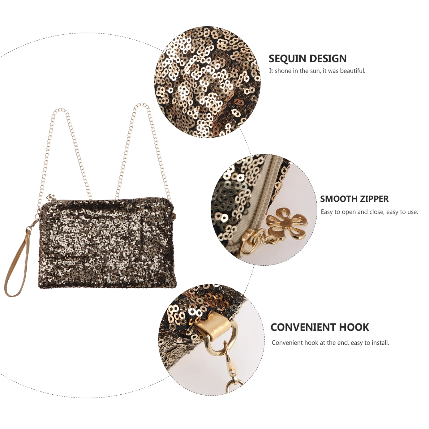 Fashion Sparkly Sequin Handbag Lady Party Evening Clutch Shoulder Bag for Women (Gold)