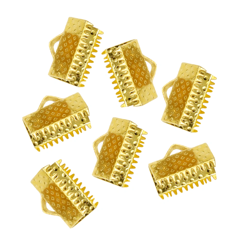 100PCS 2CM Plated Ribbon Ends Metal Fastener Clasps Textured Crimp End Clamps Cord Ends Buckles Zipper Clips DIY Jewelry Accessories (Golden)