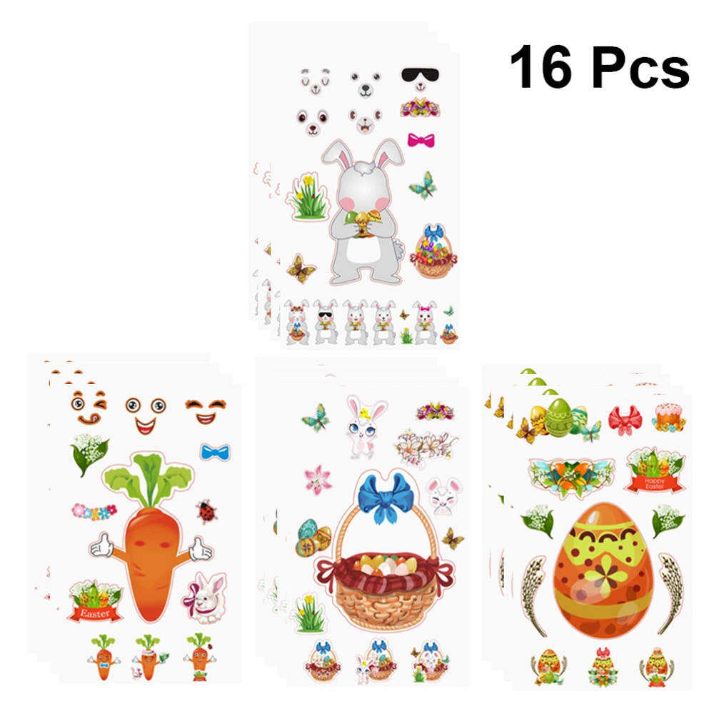 16 Sheets Easter Decal Rabbit Sticker Kids Easter Party Favor Fun Craft Project(Easter Eggs + Rabbit + Basket + Carrot 4 Sheets For Each Pattern)