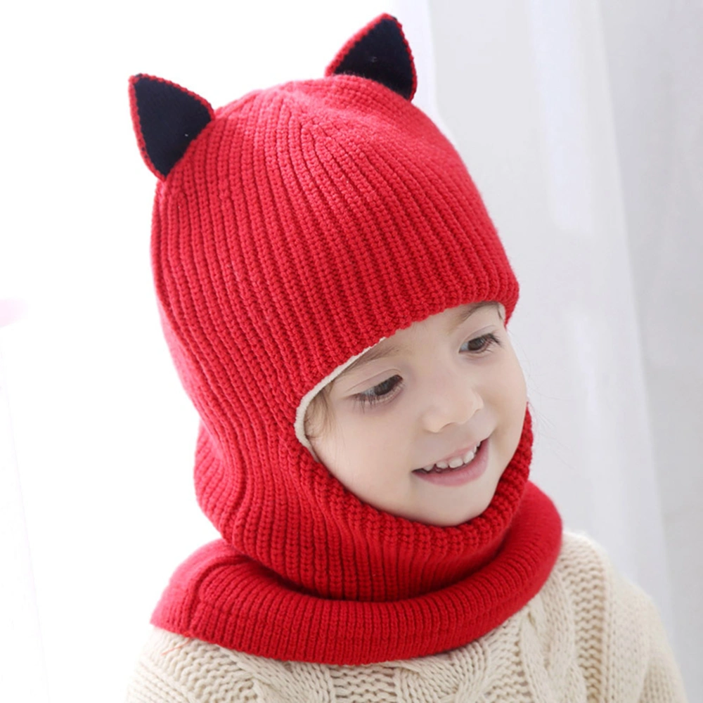 Baby Autumn Winter Face Mask Windproof Wool Hat With Scarf Warm Knitted Caps Wrap for Kids 2-5 Years Old (Red Free Size)