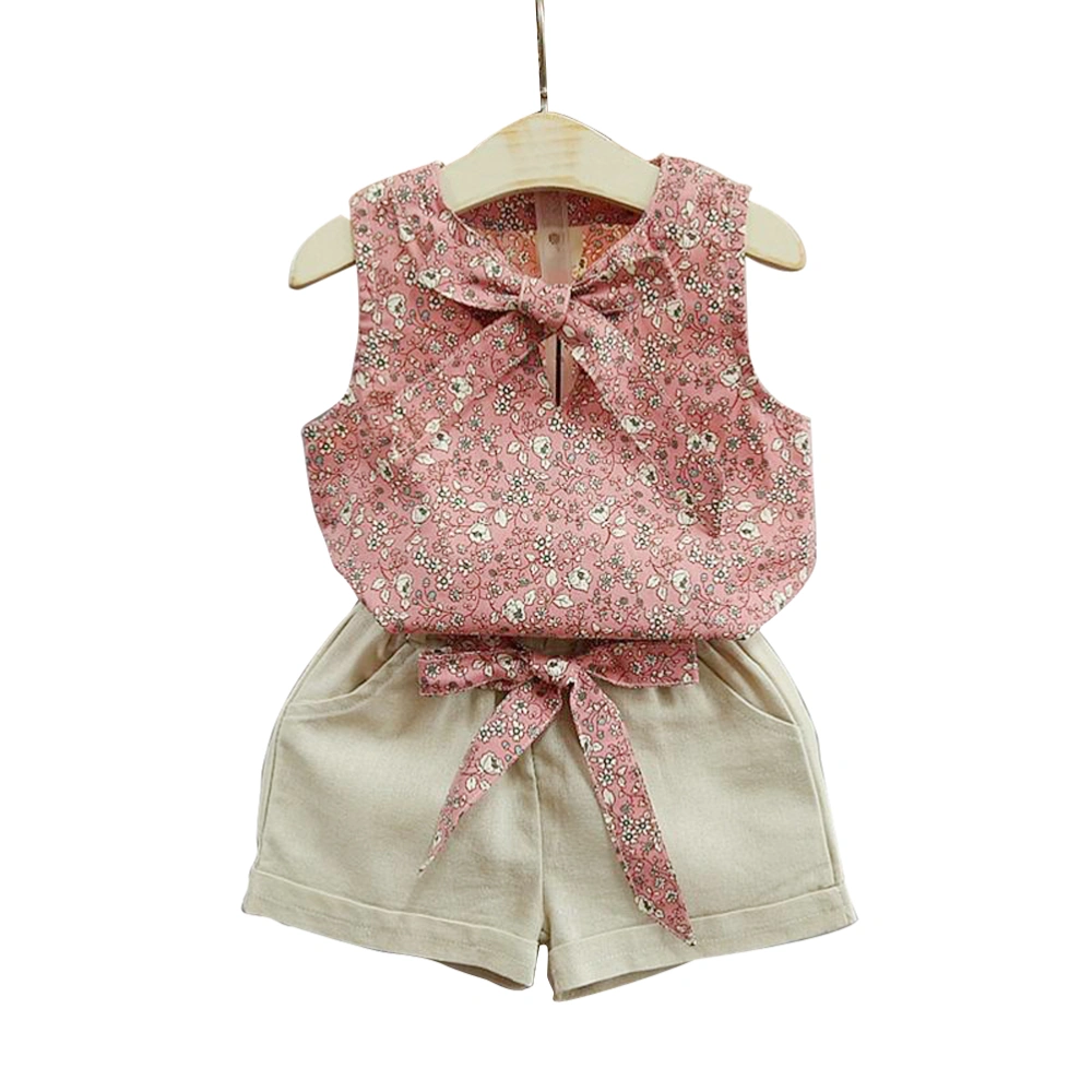 Baby Girls' Sleeveless Floral Vest Tops with Bowknot and Shorts Outfits Clothes Set Size 7(Khaki and Pink)