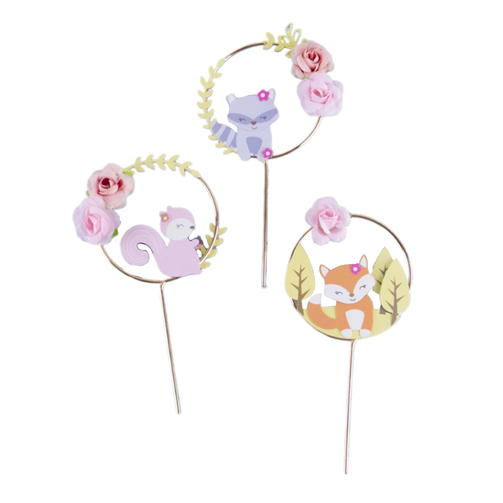 3pcs Animal Flower Cake Toppers Squirrel Picks Paper Cupcake Decor Party Supplies (1pc Each Style)