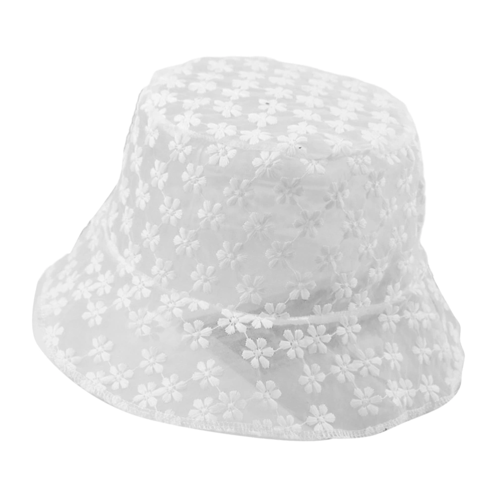 1Pc Lace Fisherman Hat Flower Embroidery Bucket Hat Outdoor Beach Sun Protection Dustproof (White)