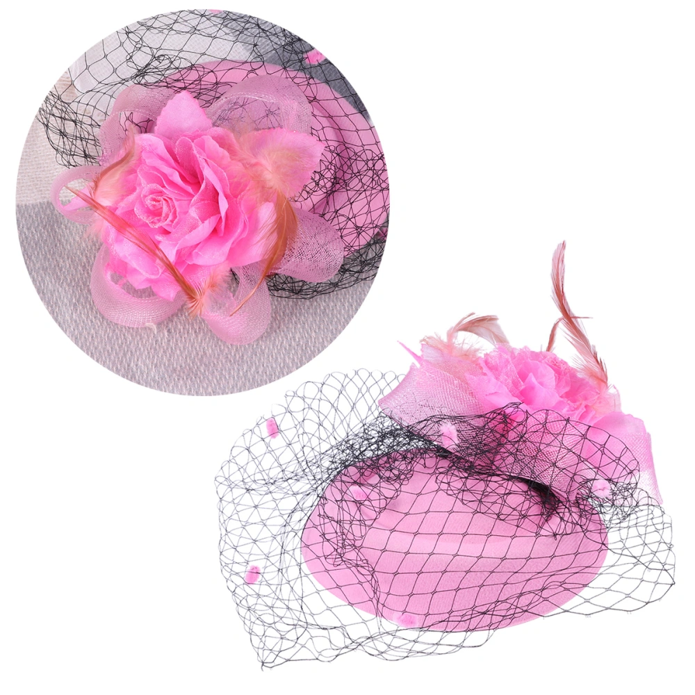 Beautiful Gauze Mesh Hat Flower Billycock Headwear Feather Feast Headdress for Lady (Pink)